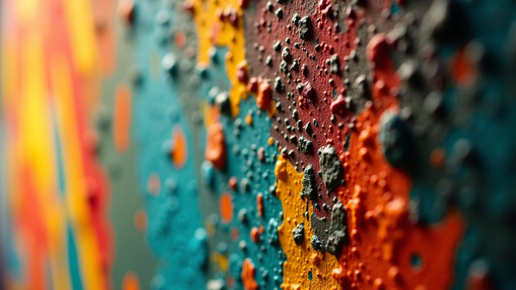 Primer plano de obra de arte con textura visible, pinceladas expresivas en múltiples colores, detalles artísticos bien ejecutados