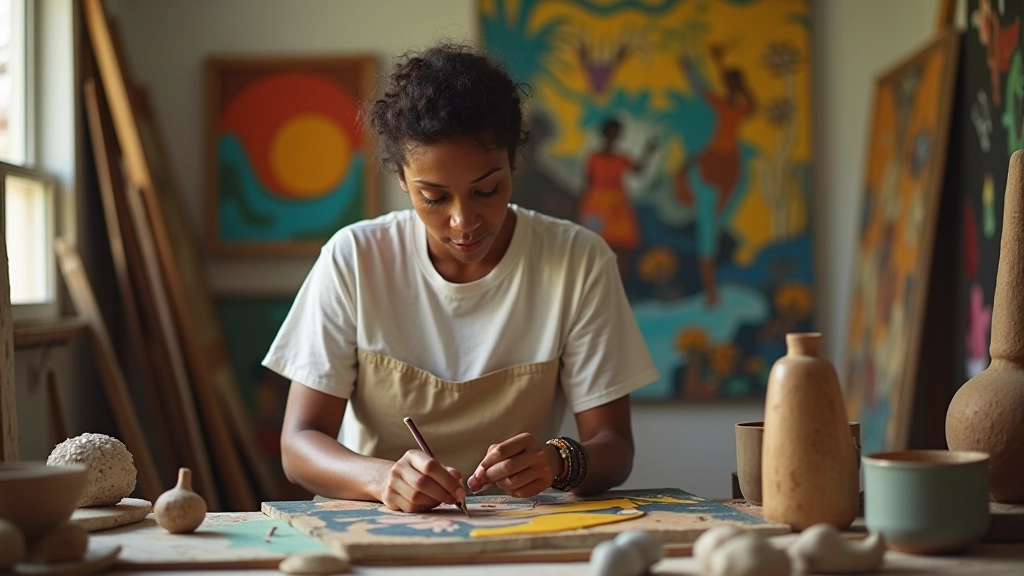 Artista caribeño trabajando en su estudio rodeado de obras de arte